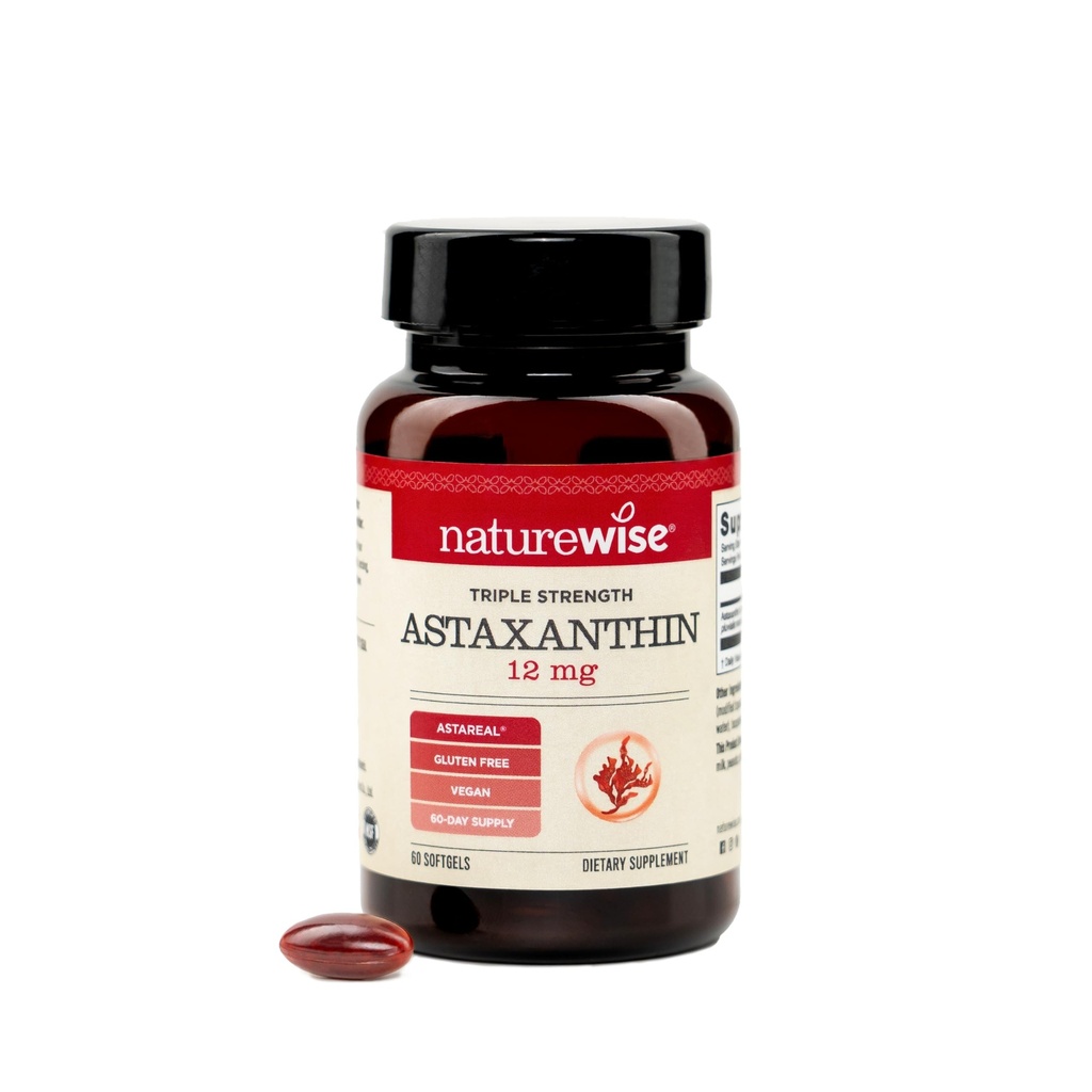 NatureWise Triple Power Astaxanthin 12 מ"ג עם AstaReal® - תוספת טבעונית נגד שמן קוקוס אורגני - NSF מוסמך Gluten חינם, non-GMO - 60 Softgels[60 Day Supply]