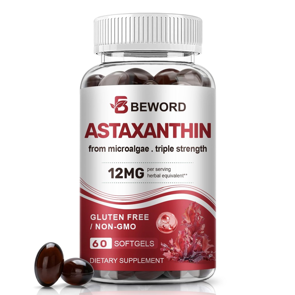 BeWORD Astaxanthin 12 מ"ג עם שמן MCT, 60 / 120 Softgels 2-Month אספקה | Premium Antioxidant תוספים | Natural Microalgae, Triple Power | תמיכה ב- Skin & Eye