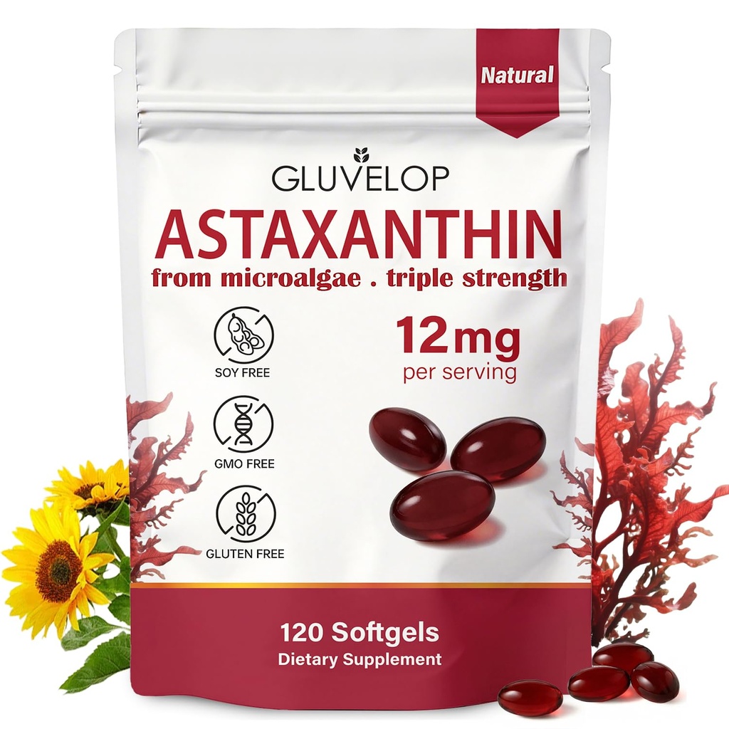 Astaxanthin 12 מ"ג, Premium Astaxanthin Antioxidant תוספים, תומך העין, העור, Immune, Internal Circulation, Fresh Microalgae Source, Triple Strength, non-GMO, 4 חודשים אספקה, 120 Softgels
