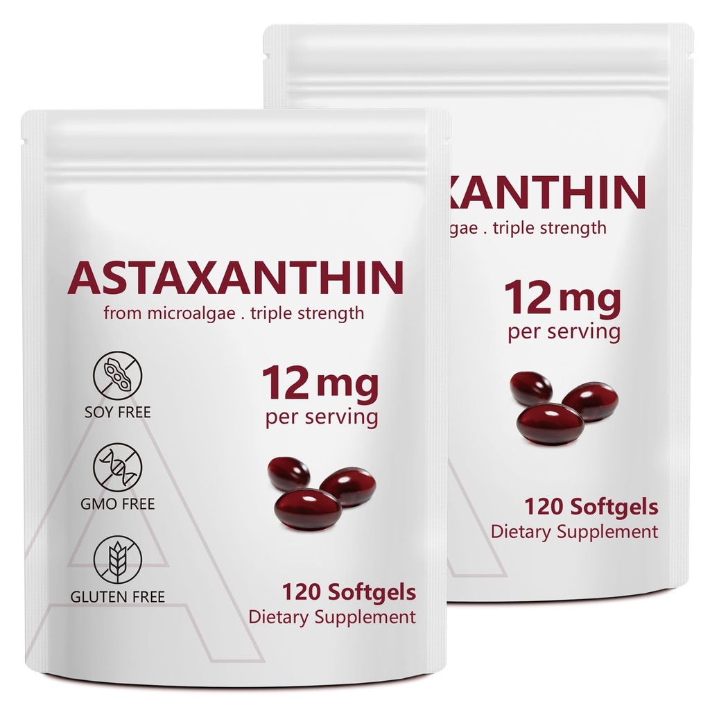 2 Pack Astaxanthin 12mg, Premium Astaxanthin Antioxidant תוספים עם פעילות אנטי-חמצן, תומך העין, החיסון, בריאות העור, פנימי Circulation