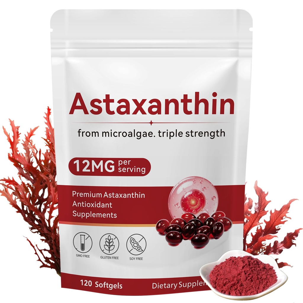 Astaxanthin 12 מ"ג, 120 Softgels, Premium Astaxanthin Antioxidant תוספים עם פעילות אנטי-חמצן, תמיכה בעין, בריאות העור, Immune, Internal Circulation