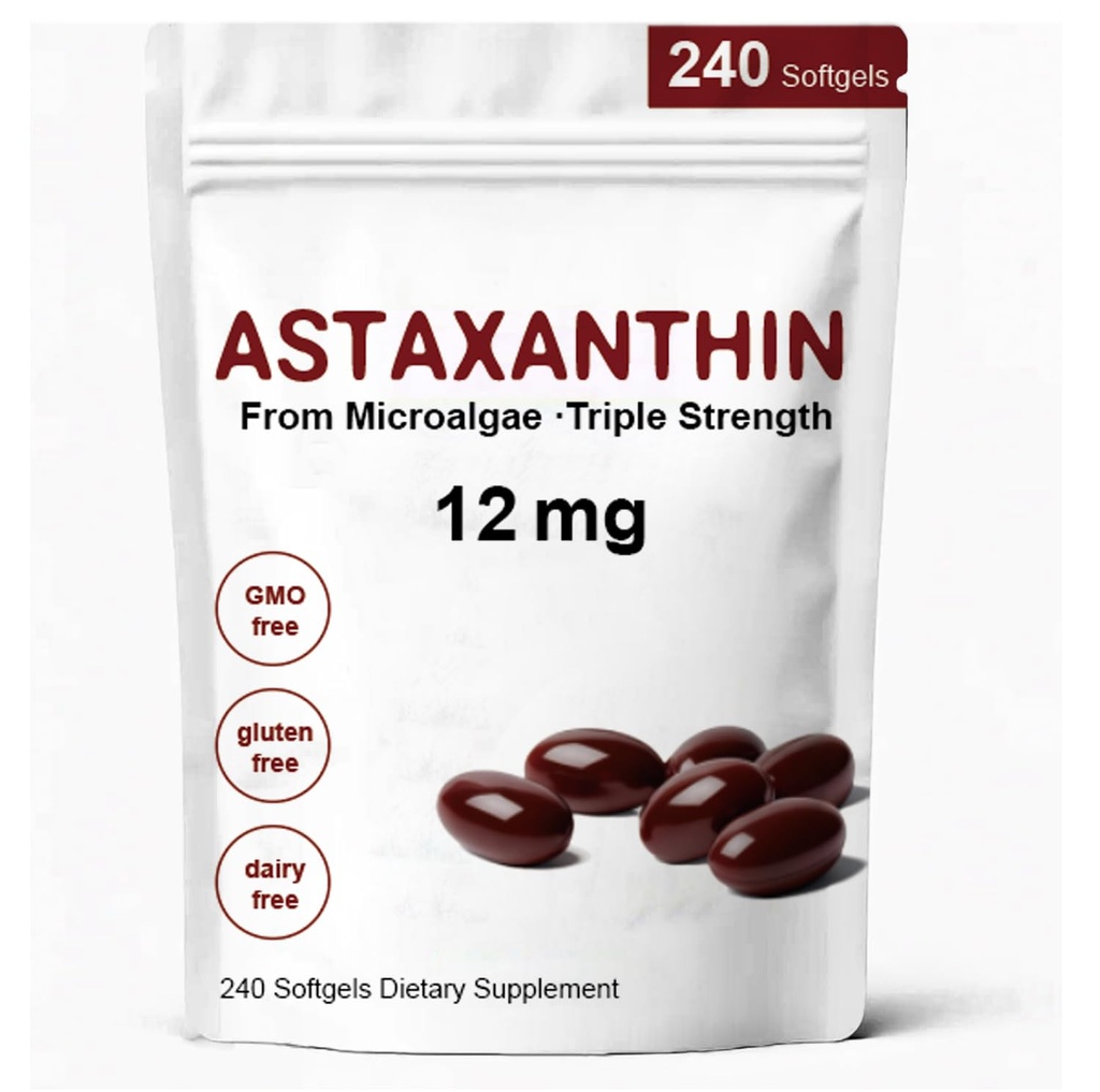 Astaxanthin 12 מ"ג, Premium Astaxanthin Antioxidant תוספים עם פעילות אנטי-חמצן, תומך בעין, Immune, Skin Health, Internal Circulation-240 Softgels