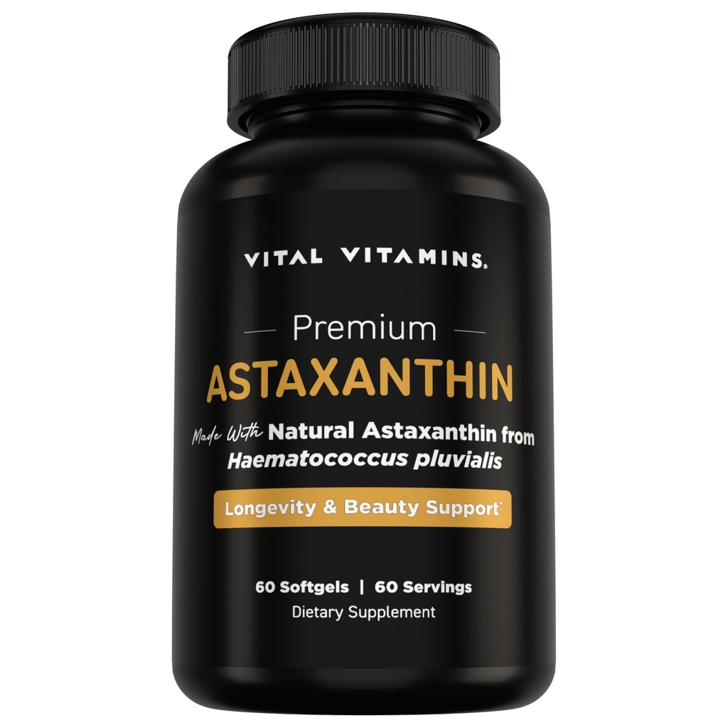 ויטמין Vital Astaxanthin 12 מ"ג Softgels - Made with Natural Astaxanthin - תוספת לקידום הידרה בעור, אלסטינסיות - Defends Cells Against Daily damage - טבעוני, מיוצר בארה"ב - 60 גלס Softs