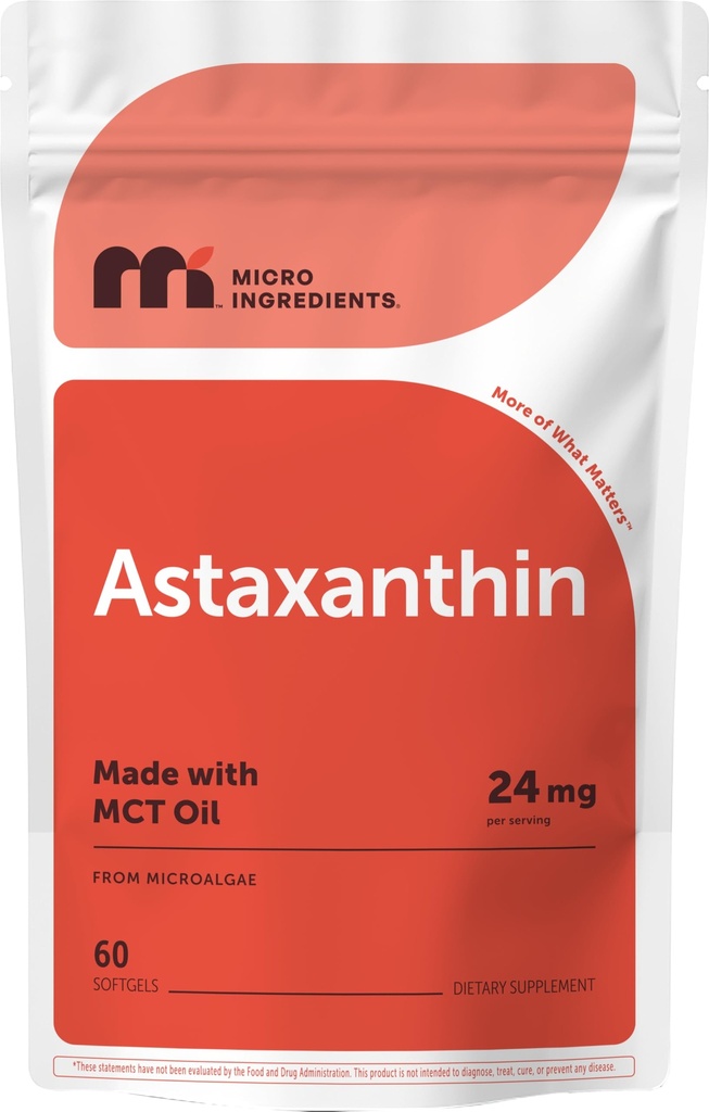 Micro Ingredients Astaxanthin 24 מ"ג עם שמן MCT, 60 Softgels, 2 חודשים אספקה | Max Power Astaxanthin Antioxidantant תוספים | מקור מיקרולגה טרי | Non-GMO, Gluten Free, No Soy
