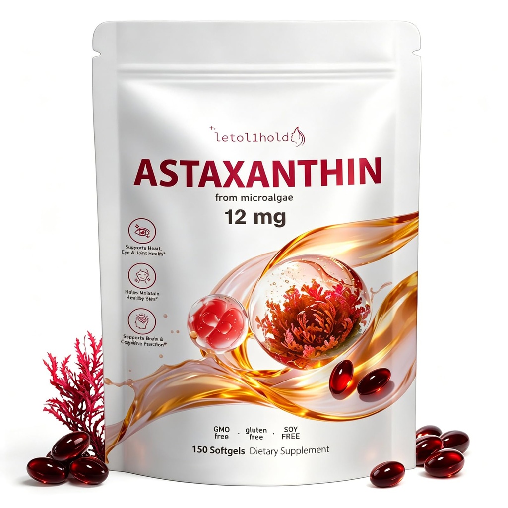 Astaxanthin 12 מ"ג, 150 Softgels - 5 חודש אספקה, תוספי Astaxanthin שמקורם Microalgae טרי, non-GMO, Gluten Free, Easy to Swallow