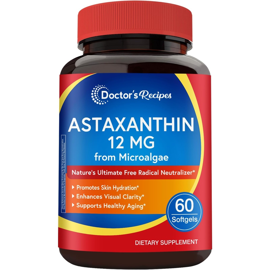 המתכון של הדוקטור Astaxanthin 12 מ"ג, מ- Fresh Premium Microalgae, Max Strength, No Gluten, non-GMO, תומך ב- Skin, Eye, Bone & Immune System Health, 60 Softgels