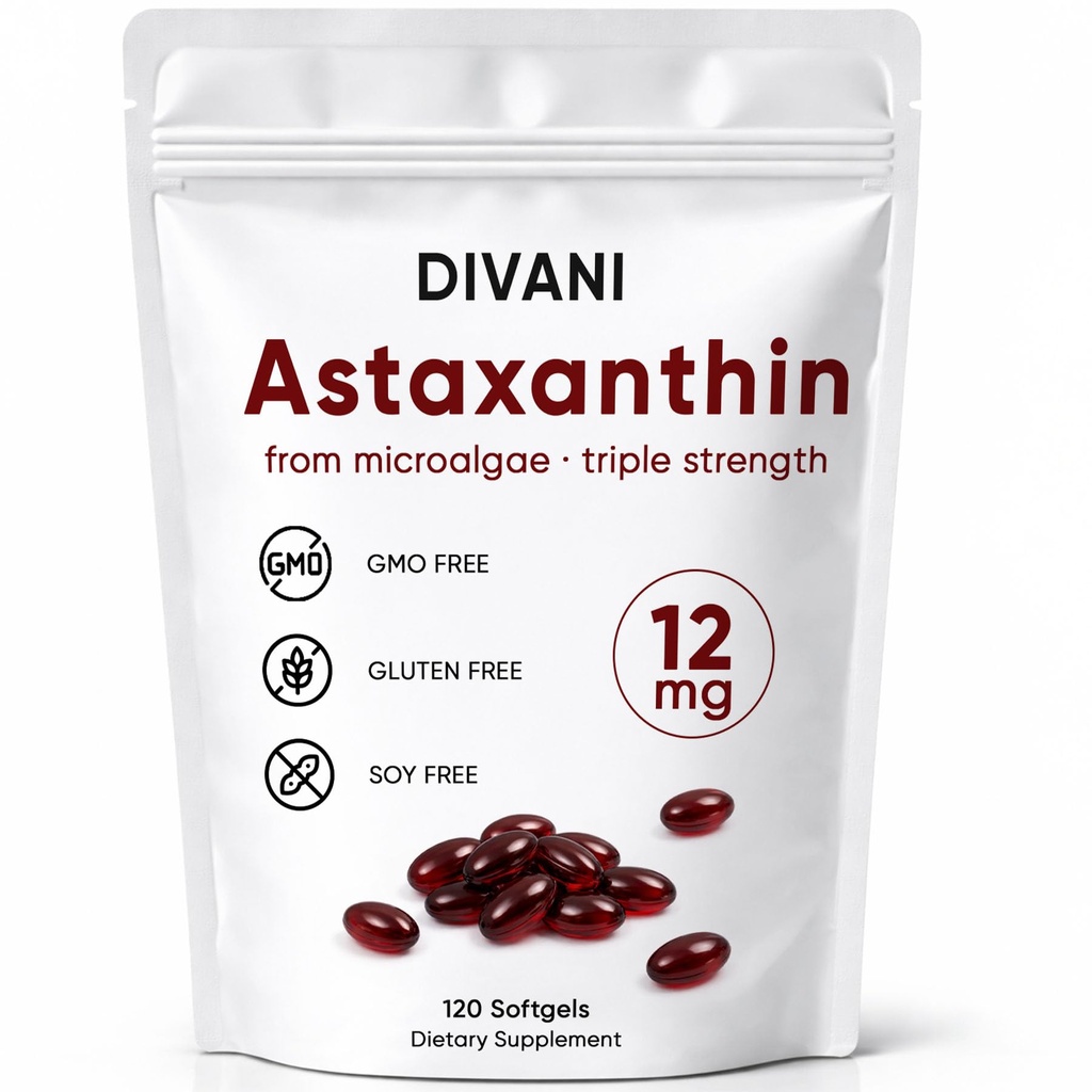 DIVANI Astaxanthin 12mg, Antioxidant תוסף עבור Daily, Immune, Eye & Skin Support, non-GMO, Gluten Free - 120 Softgels