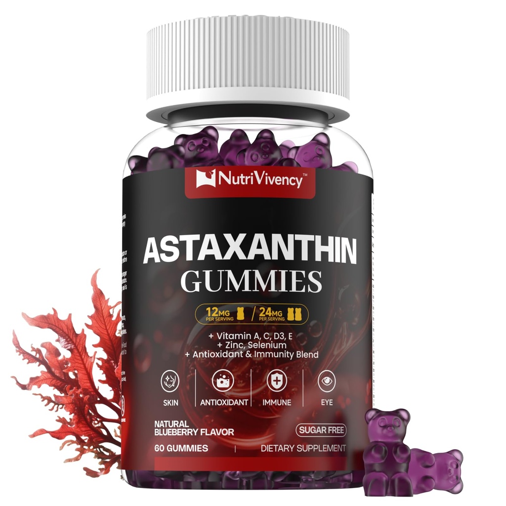 Astaxanthin Gummies, 12mg Per Gummy 24mg Max, Astaxanthin תוספת עם ויטמין A / C / D / E, Resveratrol, 14-IN-1 Antioxidants בלגן לנשים גברים, עור, עיניים, תמיכה במזל, סוכר חינם, טבעוני 60 Ct, 60