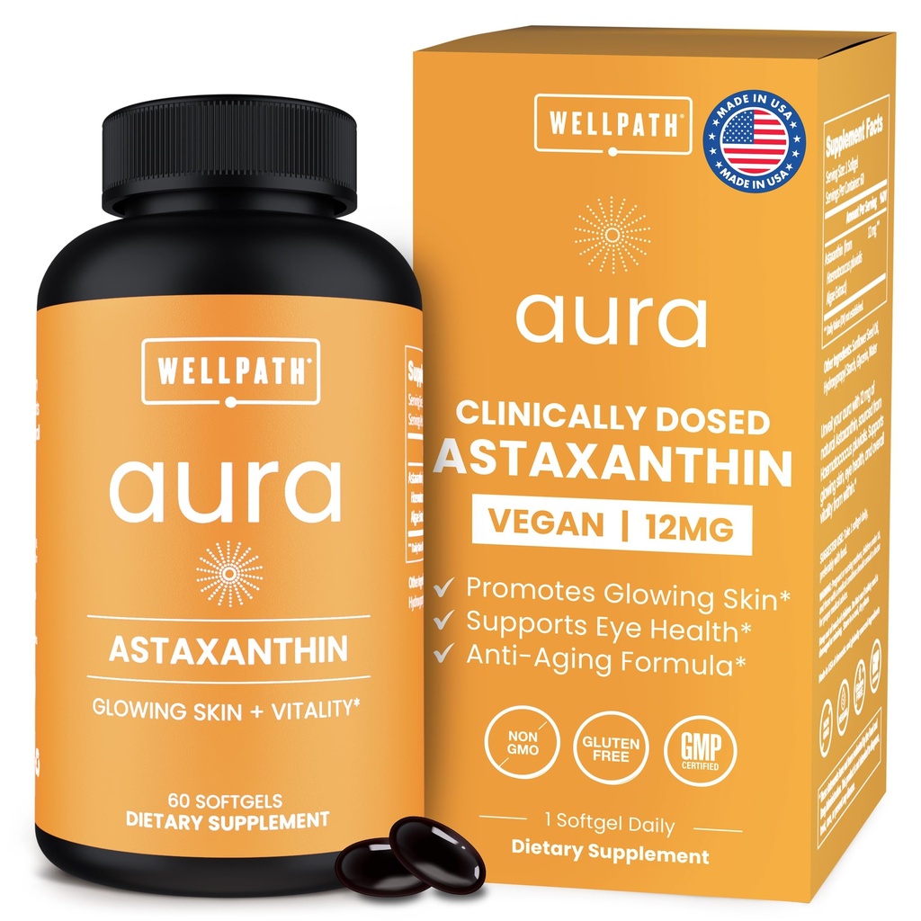 WellPath Astaxanthin 12 מ"ג Softgets | טבעוני Astaxanthin תוספי מ Microalgae | Antioxidants for Skin Hydration, Ambiity and Eye Health