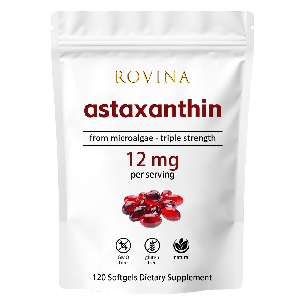 Rovina Astaxanthin 12 מ"ג Softgels - Powerful Natural Antioxidant כדי לתמוך ב- Eye Comfort, Skin Vitality & Immune Health - Gluten Free