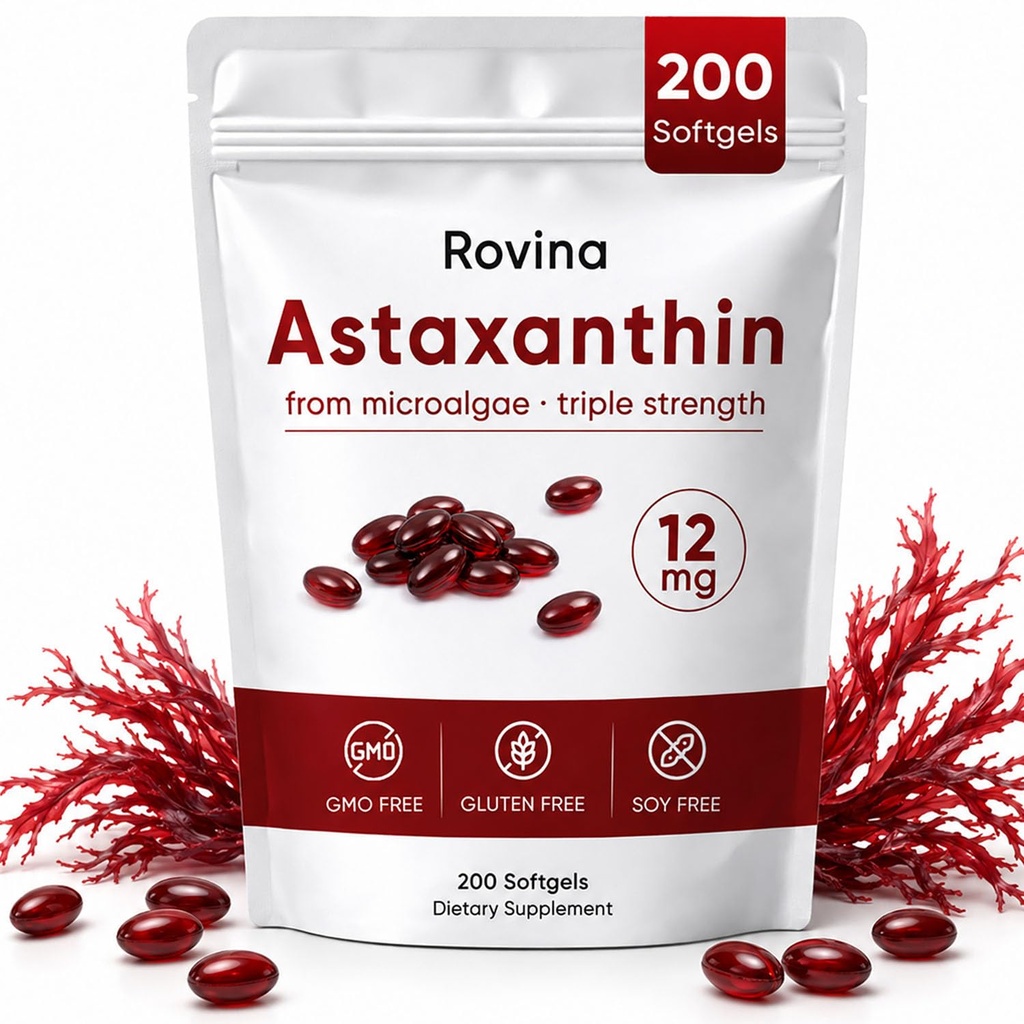 ROVINA Astaxanthin 12mg Softgels, תוסף Antioxidant תומך העין, העור, Immune, Joint, Internal Circulation, non-GMO &ten חינם - 200 Softgels