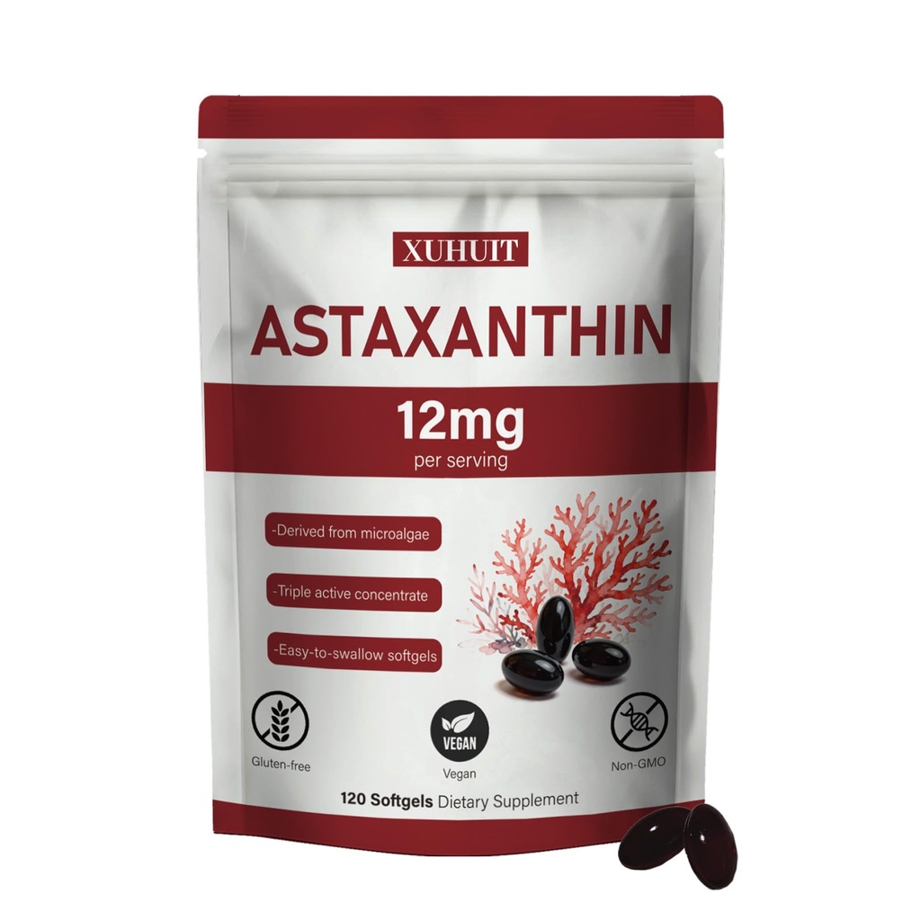 Astaxanthin תוסף 12mg, 120 Softgels | Premium Natural Astaxanthin Antioxidant from Microalgae | כוח גבוה, non-GMO, Gluten ו Soy Free Formula (1)
