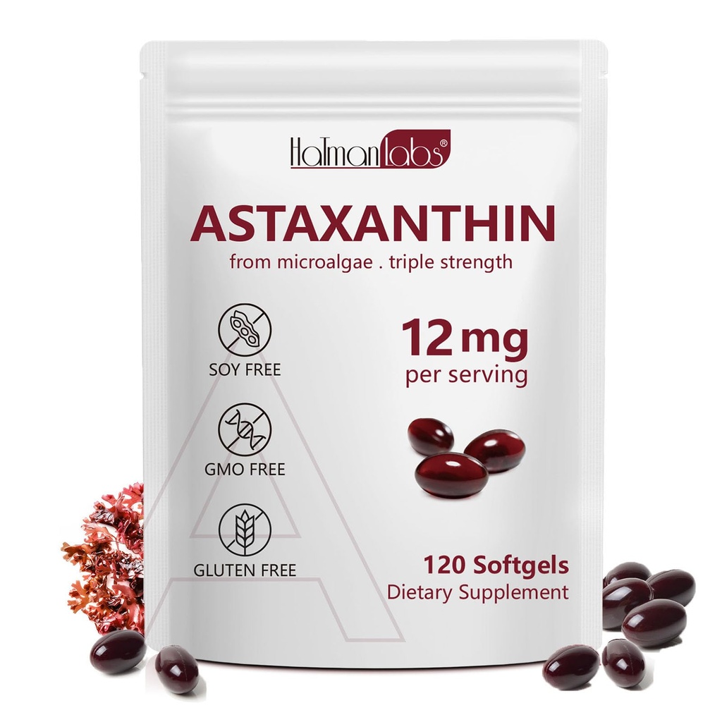 Daiasns Astaxanthin 12mg, Astaxanthin Antioxidant תוספי תמיכה עיניים, משותף, פנימי, בריאות העור - non-GMO, 120 Softgels - 4 חודש אספקה
