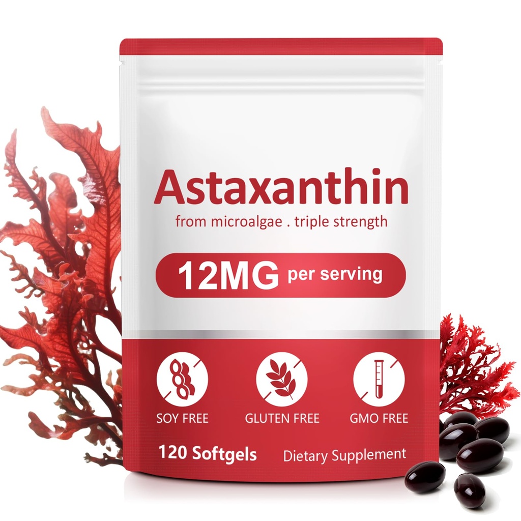 תוספי Astaxanthin,12mg Astaxanthin Natural Anti-Aging פורמולה - תומך עיניים, משותף, פנימי Circulation & Skin Health, Non-GMO Non-Gluten