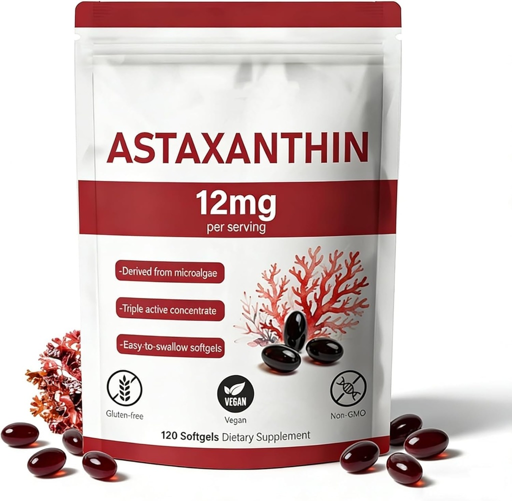 Astaxanthin 12 מ"ג, 120 Softgels, Natural Microalgae Source, non-GMO Gluten-Free, 4 חודשים אספקה