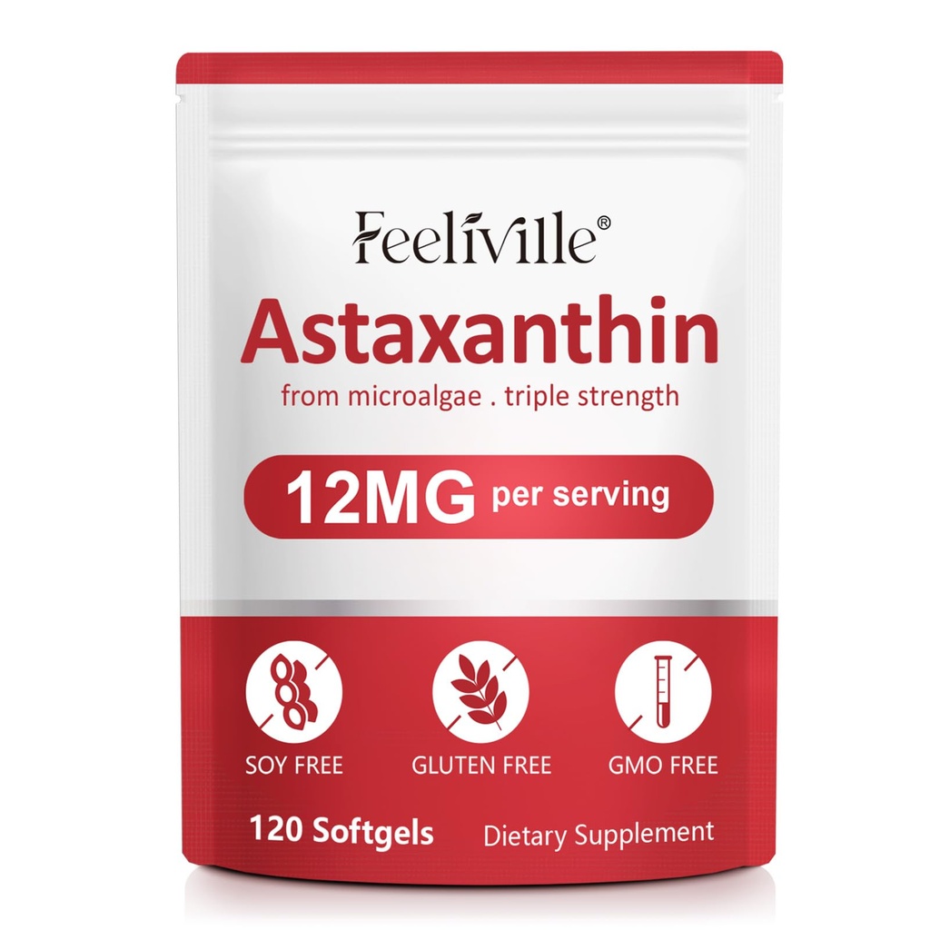 Premium Astaxanthin תוספי 12 מ"ג 120 Softgels, Astaxanthin Antioxidant תוספת לעיניים, Skin, Joint, Brain, Fresh Microalgae Source for Heart & Immune System Health