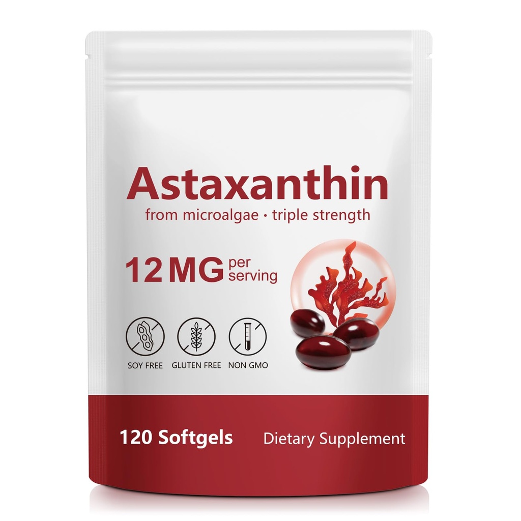 Astaxanthin תוסף 12mg מ Microalgae, 120 Softgels, Antioxidant Support, Daily Wellness Formula, 4 חודשים אספקה