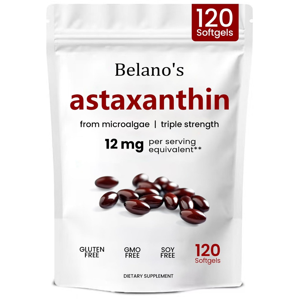 Astaxanthin 12mg של Belano, Astaxanthin Softgels, Premium Astaxanthin Antioxidant תוסף | בריאות ואנרגיה תמיכה, Non-GMO, Vegan- Friendly & Gluten-Free - 120 Softgels (1 Bag)