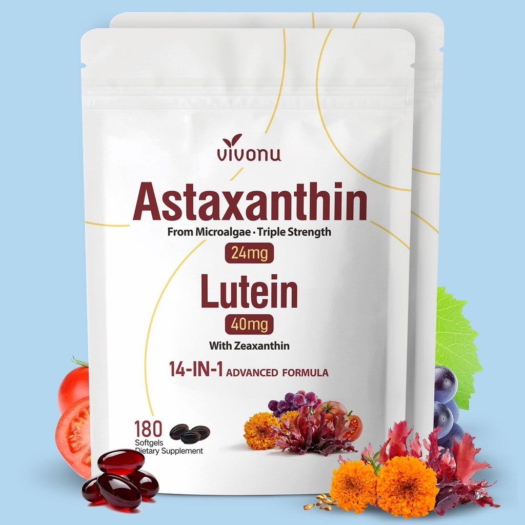 Vivo Nu 14-in-1 Astaxanthin 24mg & Lutein 40 מ"ג עם תוספי Zeaxanthin, 12 חודשים אספקה, 360 Softgels, 2 Bag