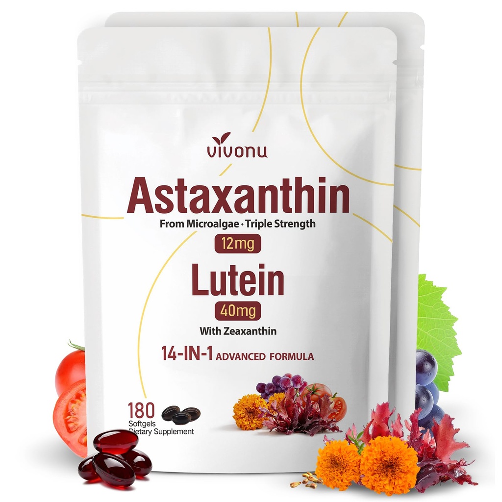 14-in-1 Astaxanthin 12mg & Lutein 40 מ"ג עם תוספי Zeaxanthin, 12 חודשים אספקה, מקור Microalgae טרי, תומך העין, העור, אנטי-חמצן, משותף, Circulatory בריאות, non-GMO, Gluten Free, 2 Bagalgae Source, תומך העין, העור, אנטי-חמצן, משותף, משותף, משותף, שאינו GMO, Gluten חינם, 2 Bagten Free, 2 Bag