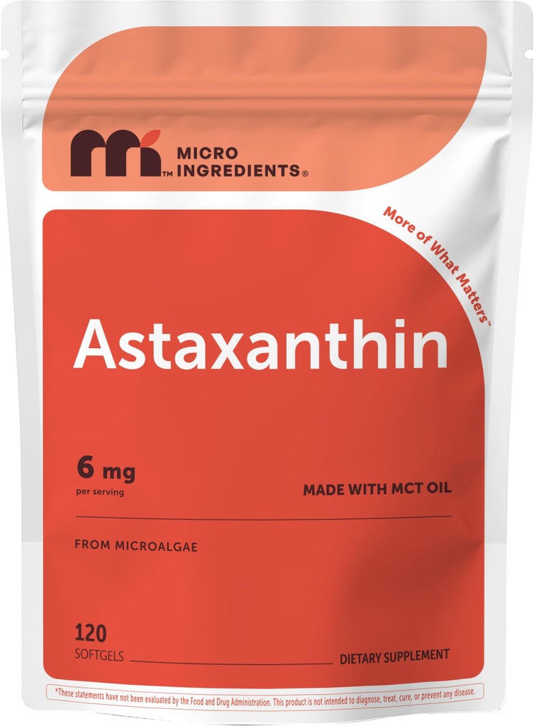 Micro Ingredients Astaxanthin 6 מ"ג עם שמן MCT, 120 Softgels | Premium Astaxanthin Antioxidant תוספים* | מקור מיקרולגה טרי