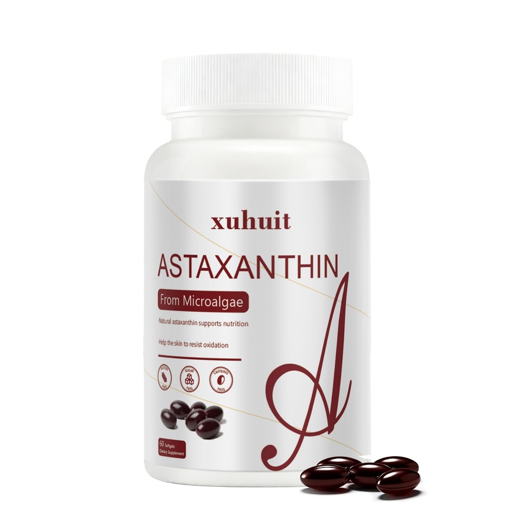 Astaxanthin 12mg 60 Softgels, Natural Antioxidant תוספת של Microalgae, non-GMO, Soy Free, תומך בריאות העור, Easy to Swallow Softgels, 2 חודשים אספקה (1)