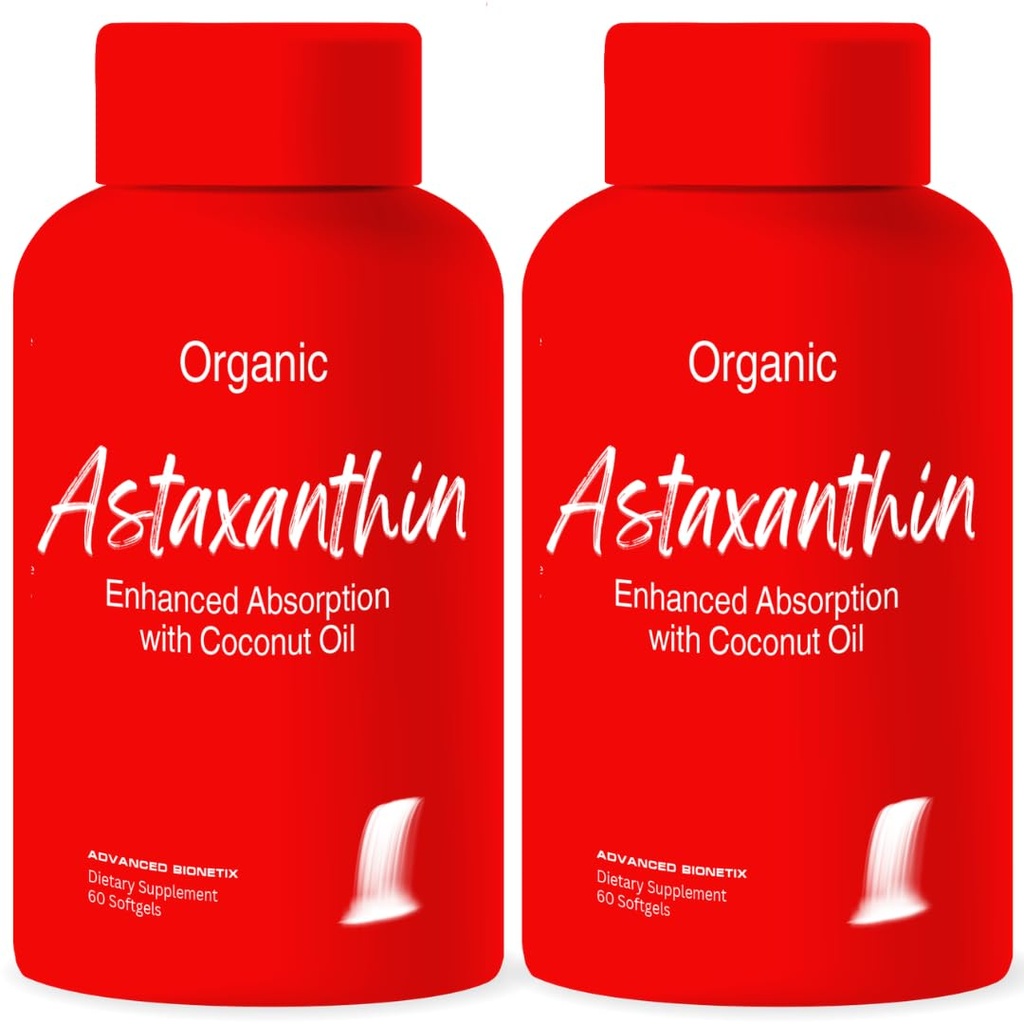 Advanced Bionetix 2 Pack Triple Power Asta QuickTM Astaxanthin 12mg High Bioavailability Formula, 120 Softgels שמן קוקוס אורגני עבור Absorption משופרת. אבטחה משותפת לבריאות הלב