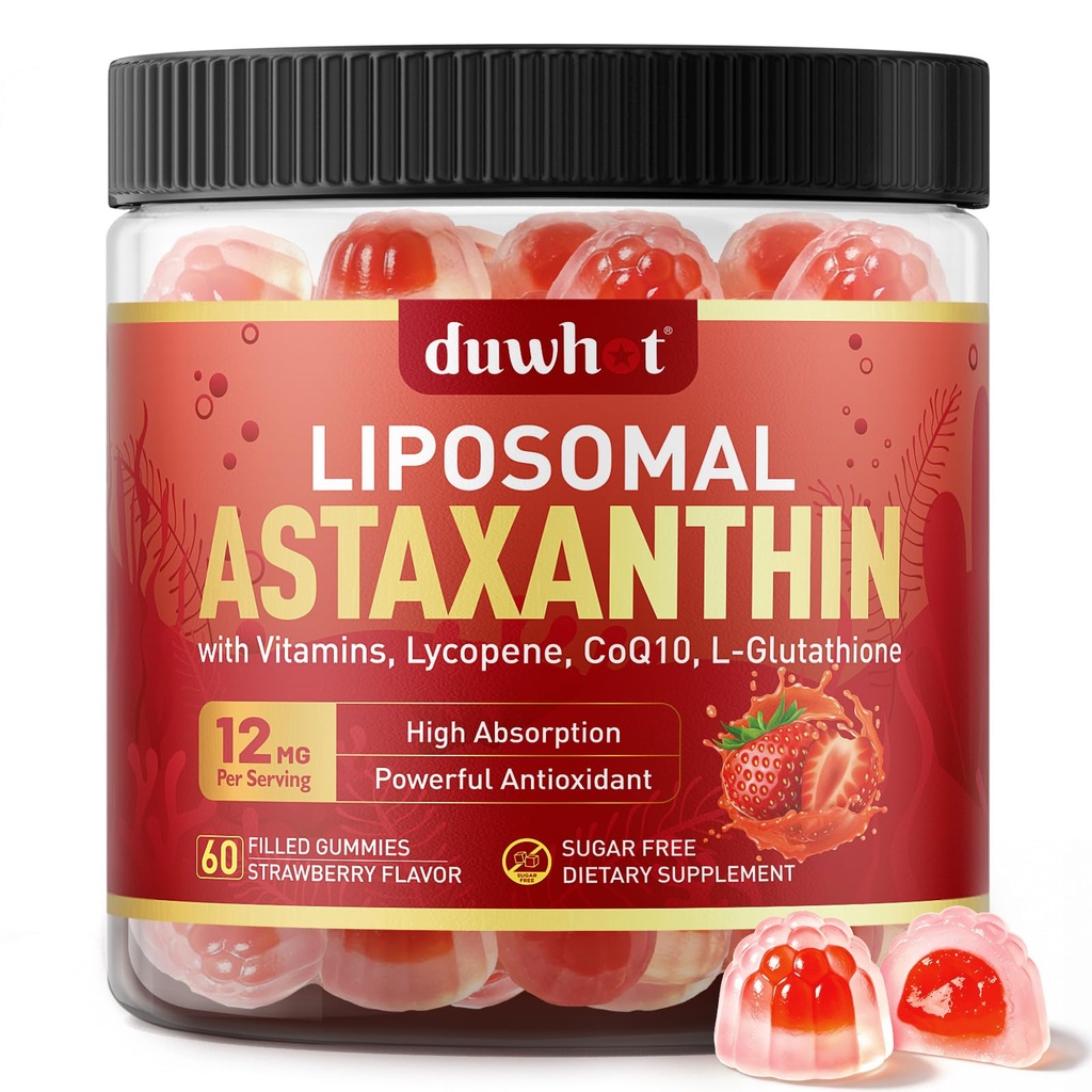 Liposomal Astaxanthin Gummies, אורגני Astaxanthin 12 מ"ג תוספת עם Lycopene, Glutathione עבור Powerful Antioxidant, Plus ויטמינים & CoQ10 עבור העין, Skin & Immune בריאות, סוכר חינם, טבעוני 60, 60