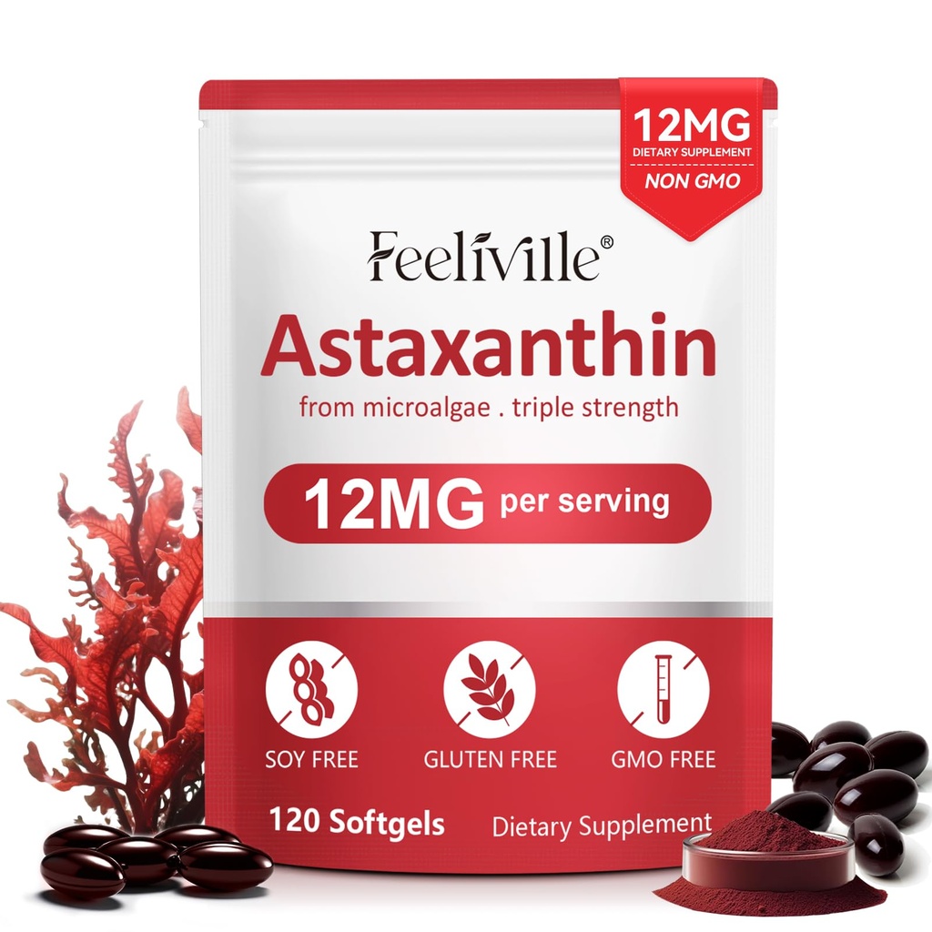 תוספי Astaxanthin, Premium Astaxanthin 12mg Antioxidant עם פעילות אנטי-חמצן, תומך העין, משותף, Immune, Skin Health, Internal Circulation, 1Pack(120 Softgels), non-GMO & Noten Gluten Gluten Gluten
