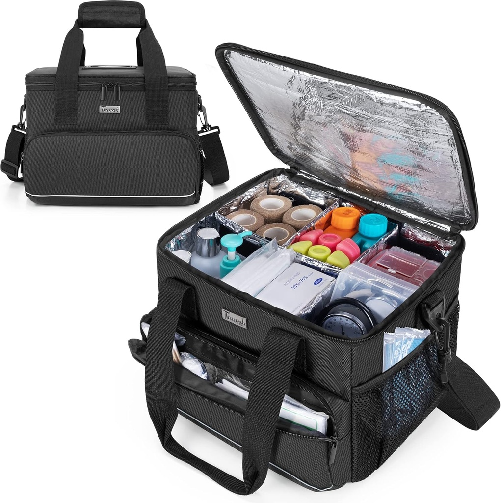 Trunab Insulated Medical Bag with tuneable Dividers, Medicine Supplies Water-Resistant Bag for Home, Travel, קמפינג, תיק ריק - עיצוב פטנט, שחור