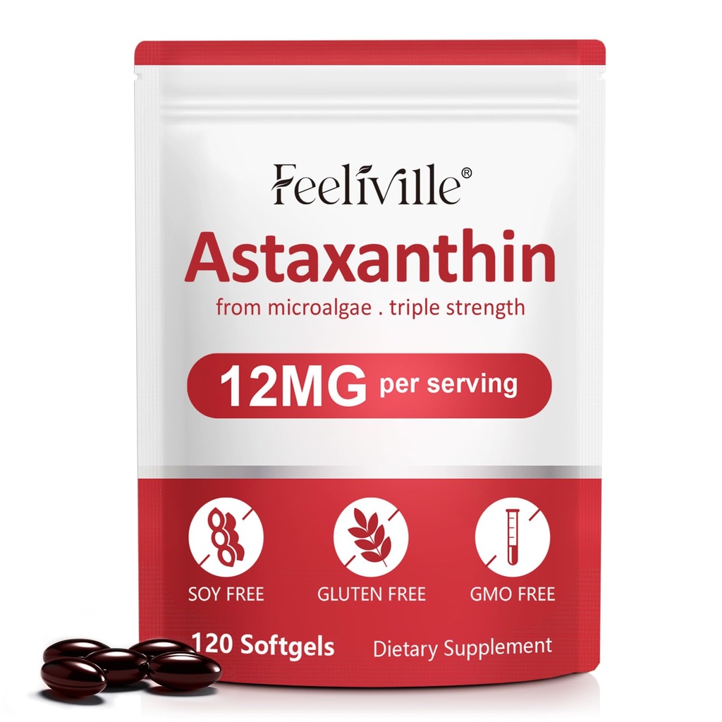 תוספי Astaxanthin, Astaxanthin 12 מ"ג, 120 Softgels Antioxidant Astaxantina תוספת לעיניים, Skin, Joint & Immune Health, תומך ב Circulation & Heart Health, non-GMO & No Gluten Gluten