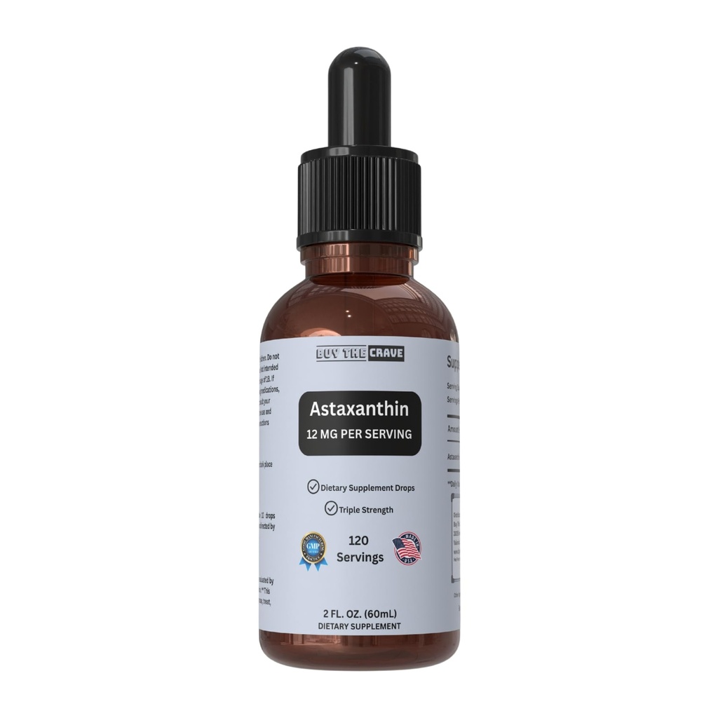 Astaxanthin Liquid Drops Infused with Cold Pressed Extra Virgin Oil - 12 מ"ג ל- Natural Antioxidant Support - 2 floz Dropper Bottle - טבעוני, לא-GMO