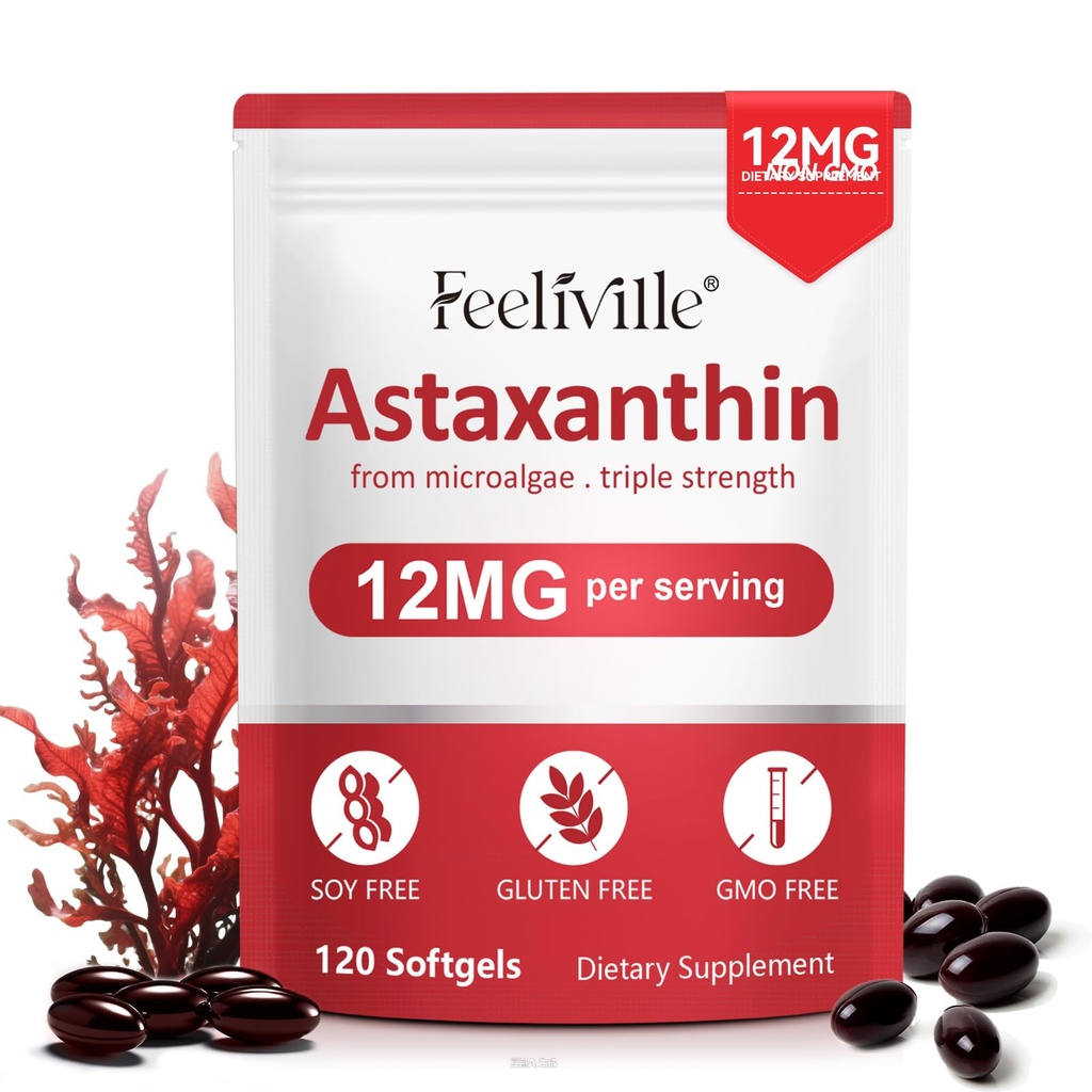 Astaxanthin 12mg 120 Softgels, Premium Astaxanthin Antioxidant תוספים עם פעילות אנטי-חמצן, תומך העין, העור, Immune, Internal Circulation