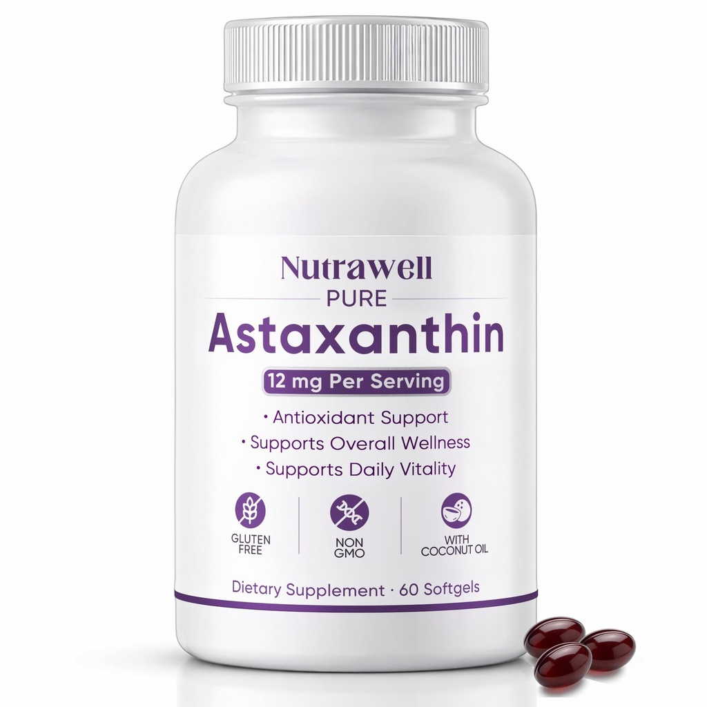 NutraWell Astaxanthin 12mg, עם שמן קוקוס, תוספת תמיכה אנטי-חמצן, non-GMO, Gluten Free, 60 Softgels