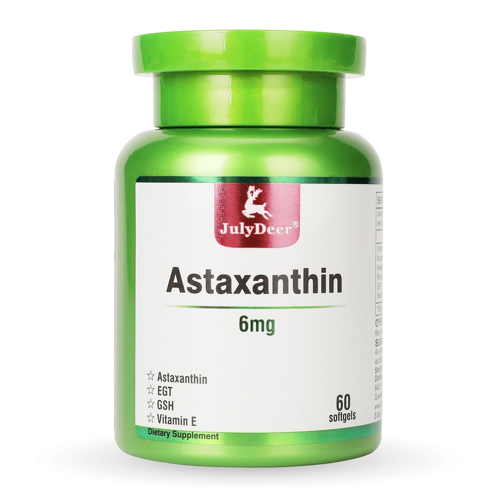 ביוליDeer Astaxanthin 6 מ"ג Per לשרת, 60 Softgels - כוח כפול microalgae - Natural Haematococcus Pluvialis - תוספת אנטי-חמצן לעור, עיניים, מפרקים, ו- Immune Support - Non-GMOMO