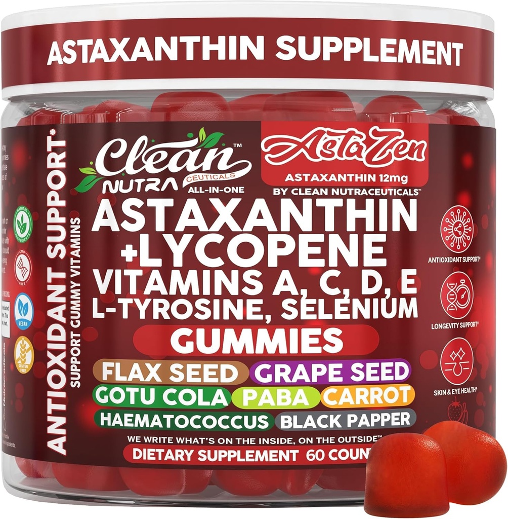 ניקוי Nutraceuticals AstaZen Astaxanthin Gummies 12 מ"ג - עם Lycopene, ויטמינים A C D E, L-Tyrosine & Selenium - חניכיים נגד חמצון - 60 הרוזן