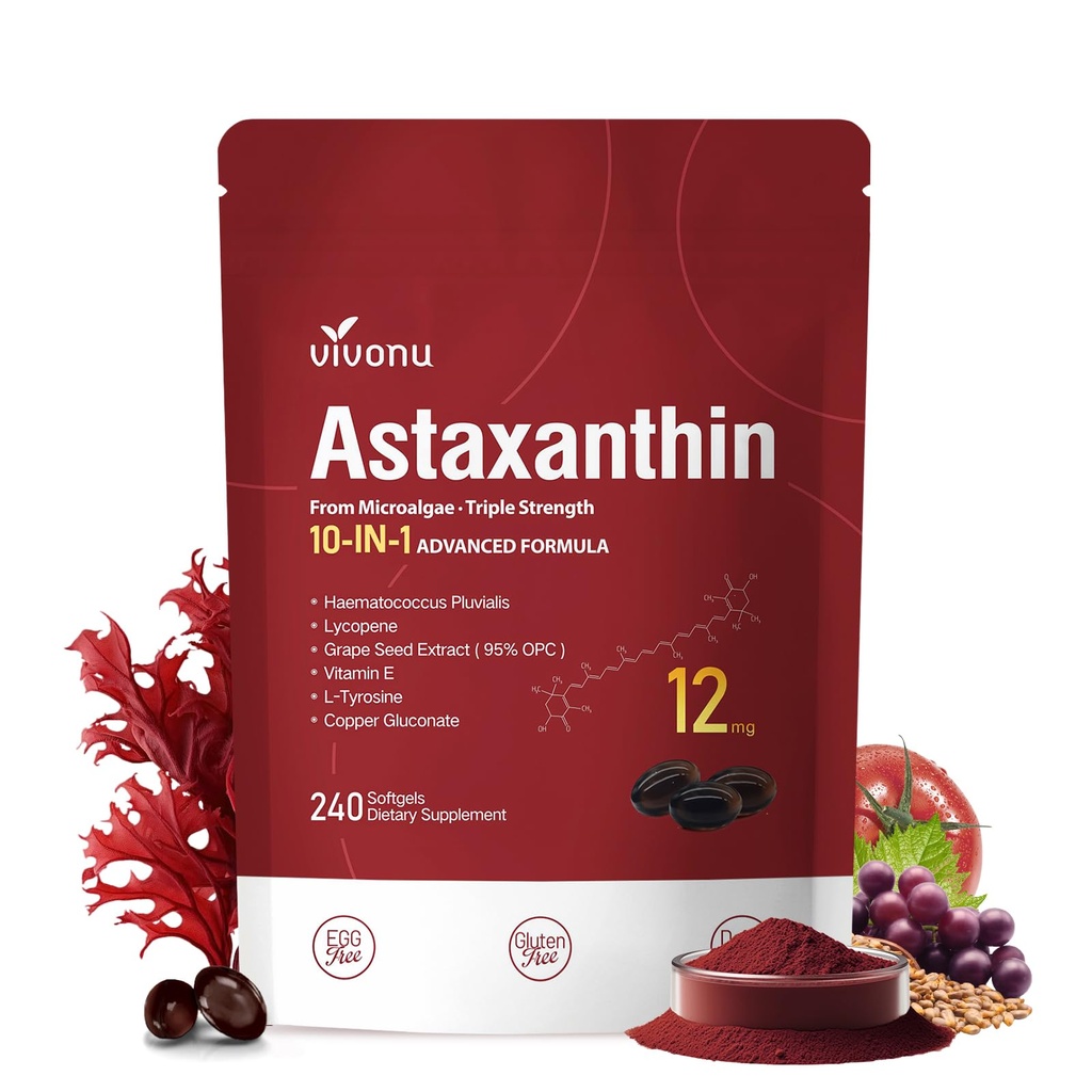 Vivo Nu Astaxanthin 12 מ"ג תוספי, 240 Softgels, Fresh Haematococcus Pluvialis 10 ב 1 Astaxanthin Antioxidant תוספים, תומך העין, העור, משותף, המוח, הלב ומערכת הבריאות של מערכת החיסון