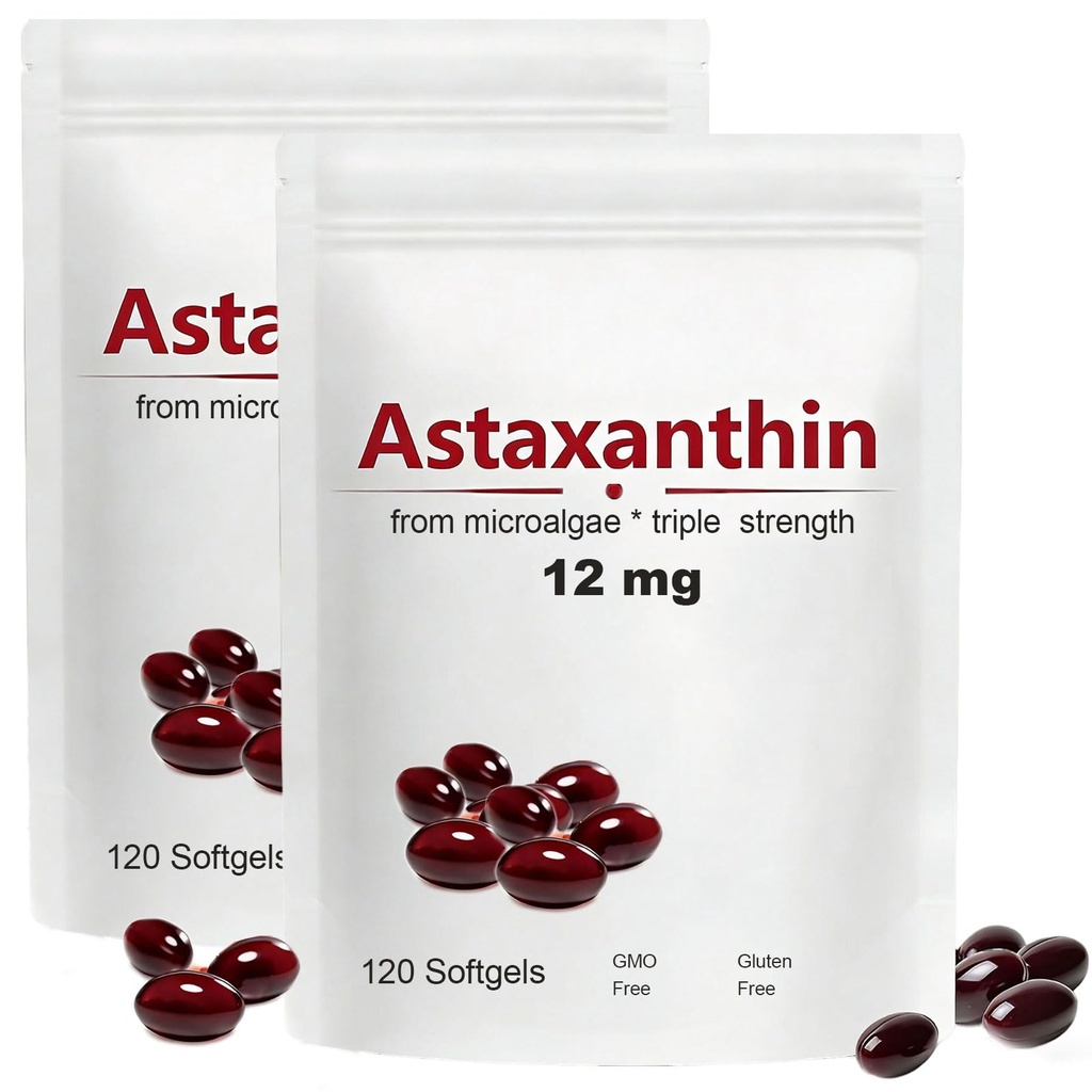 2pack Astaxanthin 12 מ"ג, 120 Softgels, Max Power Antioxidant עם שמן קוקוס, פורמולה טבעית, Absorption גבוהה לתמיכה ב- Eye & Skin, פורמולה טבעית, Non-GMO, Gluten FreeFree