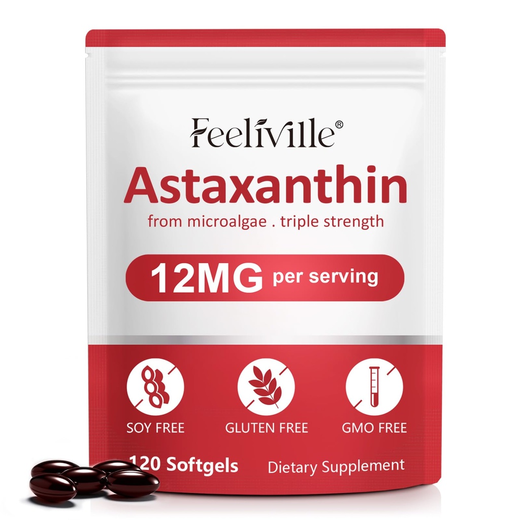 Astaxanthin 12 מ"ג (120 Softgels) - Premium Astaxanthin Antioxidant תוספים - תומך העין, פנימי Circulation, Immune & Skin Health - Fresh Microalgae Source - non-GMO & Noten Gluten