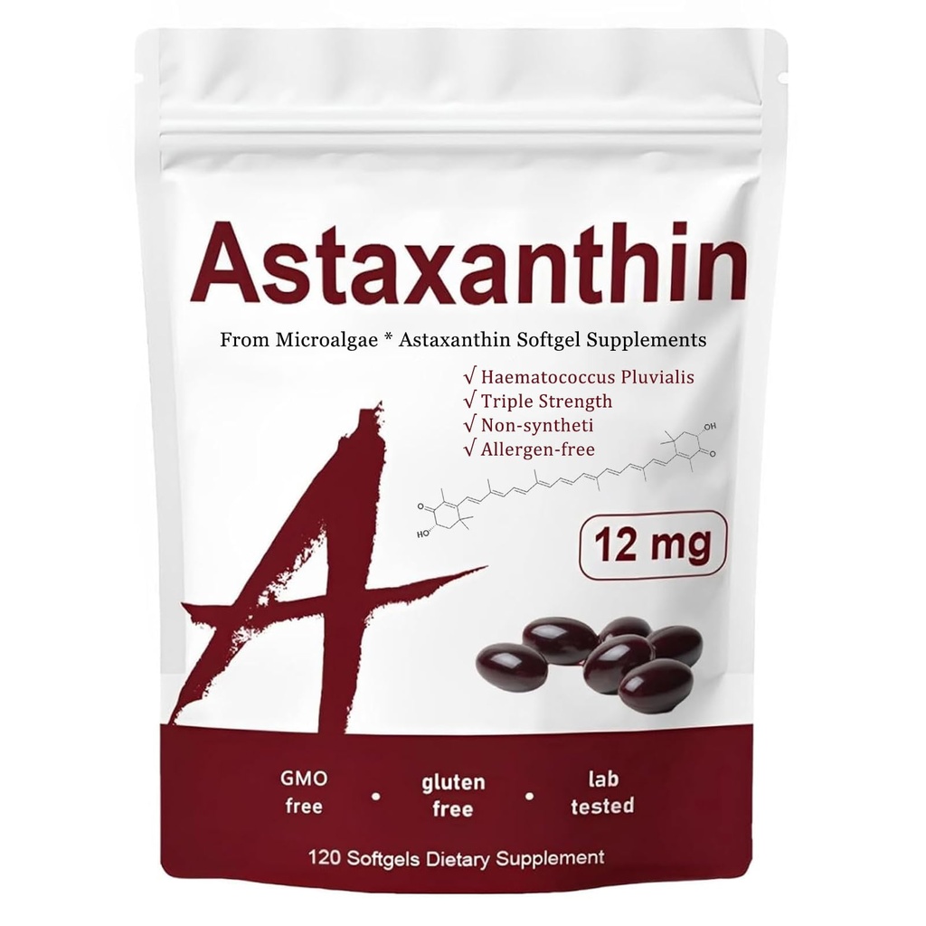 Astaxanthin 12mg, Triple Power Skin ויטמינים לנשים עם פעילות אנטי-חמצן, Supports Immune, Skin, Eye & Joint Health,Promote Internal Circulation,Chocolate Flavor, 120 משרתות