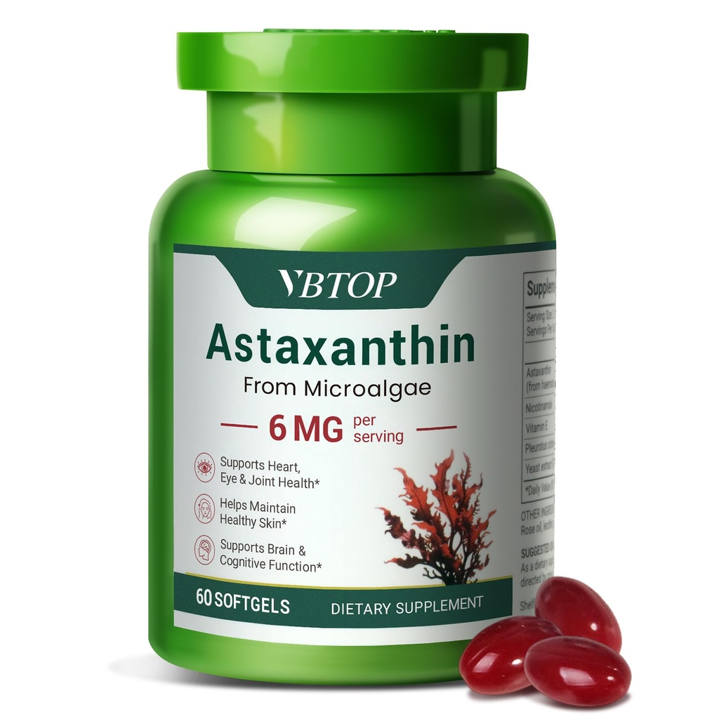 Astaxanthin 6 מ"ג, Premium astaxanthin תוספת עם פעילות נוגדת חמצון, תומך העין, העור, המשותף, מערכת החיסון בריאות. מקור microalgae טרי, non-GMO, Gluten-Free - 60 רכות