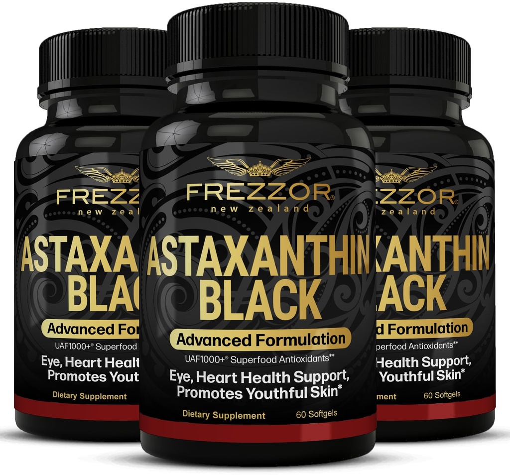 FREZZOR AStaxanthin Black עם UAF1000+ Super Antioxidant, תומך בלב, עין ומוח בריאות, Anti-Aging Skincare & cell Protection, 12 מ"ג Astaxanthin per Serve, 180 Softgels, 3 חודשים אספקת חשמל, 3 חודשים אספקת מזון
