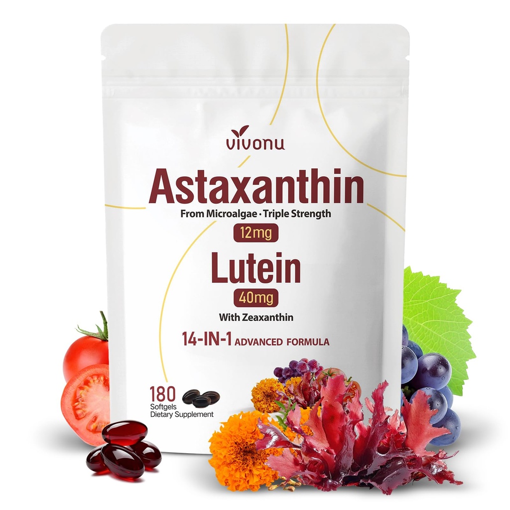 Vivo Nu Astaxanthin 12mg של Microalgae - עם Lutein 40 מ"ג ו Zeaxanthin - 14-in-1 מתקדם Antioxidant & Vision תמיכה פורמולה - 180 Softgels, 180 יום אספקה
