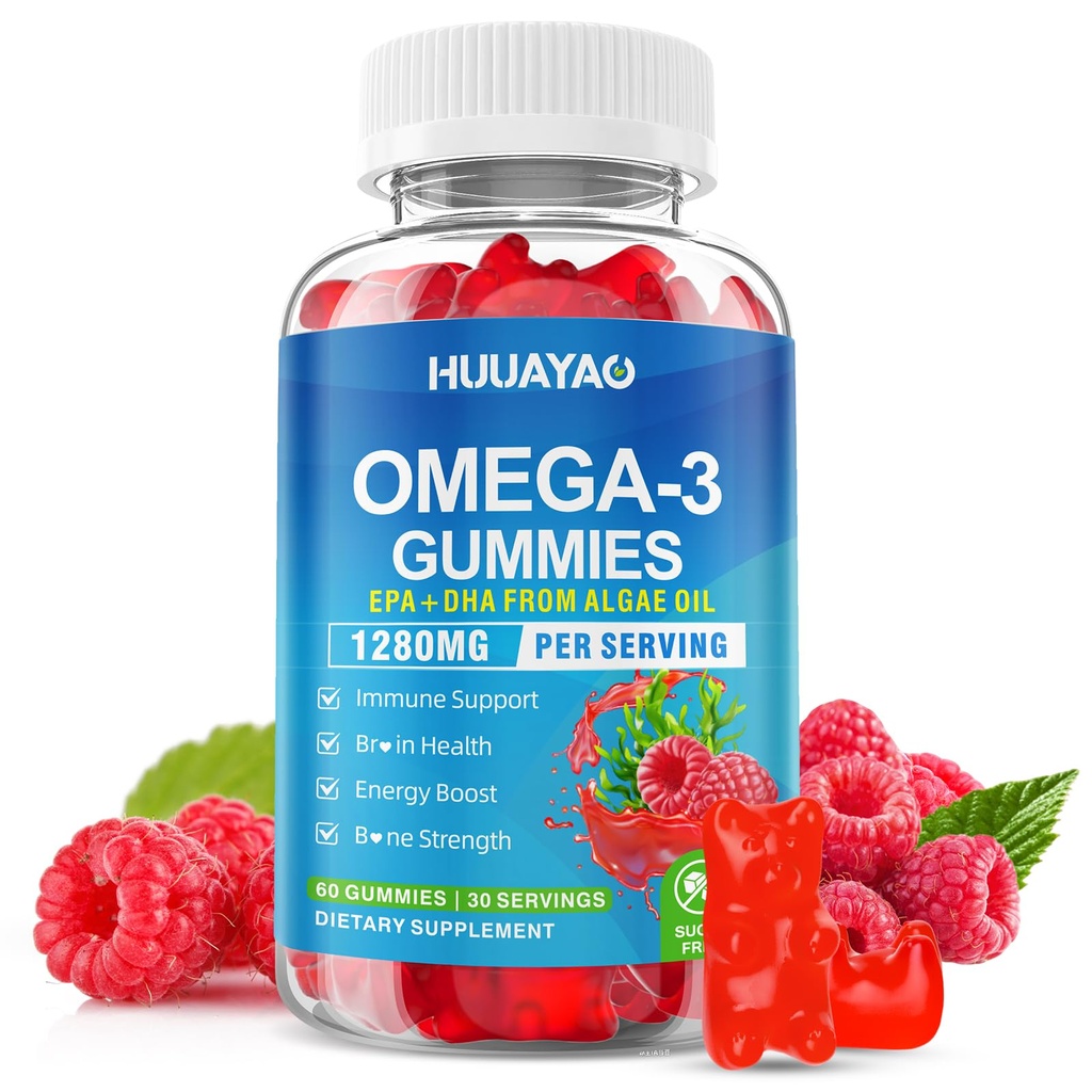 Vegan Omega-3 Gummies 1280mg, Omega 3 Fish Oil Alternative for Adults w/EPA 400mg & DHA 600mg & Vitamin A, C, E Supports Brain, Eye & Immune Health, Sugar Free, Raspberry Flavor, 60 Count