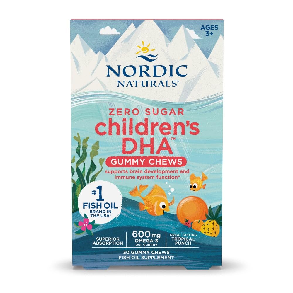Nordic Naturals Zero Sugar Children's DHA Gummy Chews, טרופי Punch - 30 מסטיק צ'יפס לילדים - 600 מ"ג אומגה 3 - התפתחות המוח, למידה, חסינות בריאה - Non-GMO - 30 משרתים