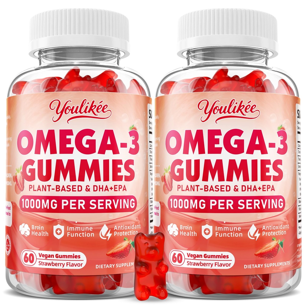 2 Pack Vegan אומגה 3 חניכיים 1000 מ"ג, אומגה 3 שמן שמן אלטרנטיבי למבוגרים, Plant Based DHA 460 מ"ג ו EPA 230 מ"ג w /Vitamin A, C, E, Strawberry Flavor, Count 120