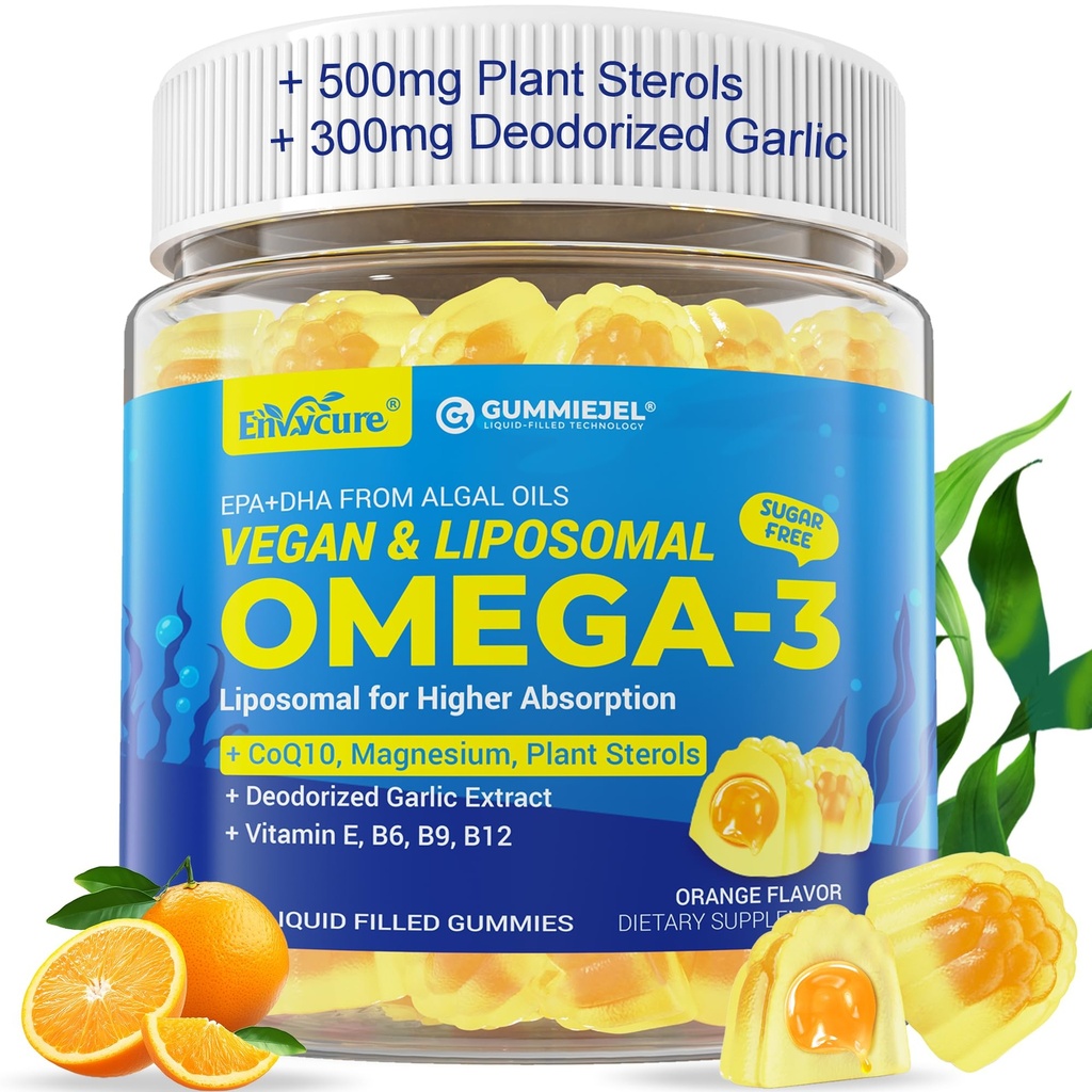 אומגה 3 טבעוני 1000 מ"ג +CoQ10+ Magnesium- EPA 600mg & DHA 400 מ"ג, שמן דגים אומגה 3 תוספת עבור נשים גברים מבוגרים- Liposomal Form - Algae- Plant Sterols, Garlic,B6,B9, B12, סוכר חינם בחינם עבור נשים