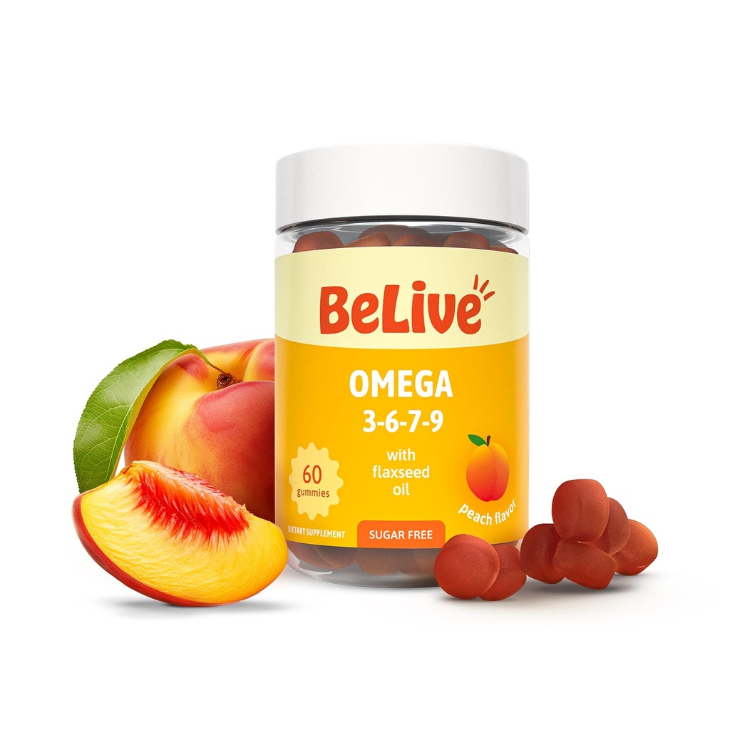 BeLive אורגני אומגה 3 מסטיקנים - 60 Ct I Vegan אומגהs 3 6 7 ו 9 מ שמן פלאקססד שמן פירות ים Buckthorn פירות שמן, עבור ילדים ומבוגרים, גוף מלא, תמיכה המוח והעיניים, סוכר חינם - Peach Flavor פלפור