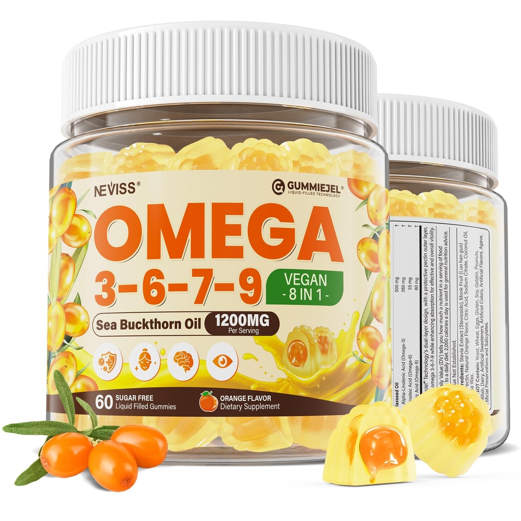 אומגה 3-6-7-9 חניכיים, ים אורגני Buckthorn שמן 1200MG & Flaxseed Oil 500MG, אומגה 7 תוספת w /Vitamin A, C, E, Fatty Acids, No Fish Taste, תומך עור, עין, Immune, Brain Health, 60 Cts