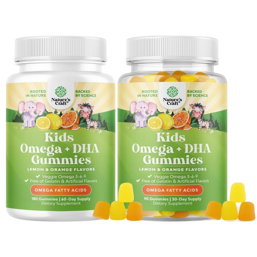 אומגה DHA חניכיים לילדים - Fatty Acids אומגה 3 6 9 עם ויטמין C עבור המוח, חסינות וחזון - תזונה DHA עבור מערכת העצבים בריאה ותמיכה להתמקד - Vegetarian & Gluten Freeten חינם